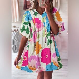 White Floral Print Split Neck Babydoll Dress Bohemian Mini